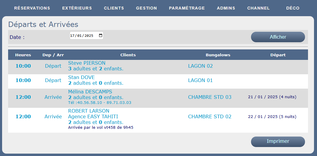 Liste des départs & arrivées
